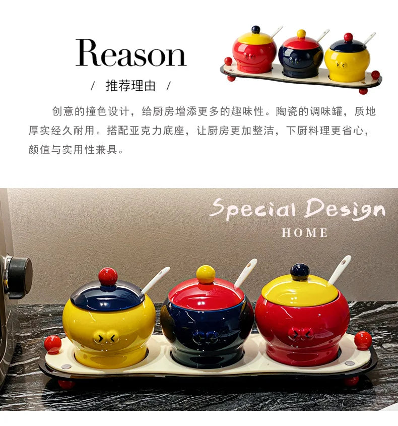 Ceramic household cute condiment box Condiment jar Salt jar condiment jar with covered kitchen storage utensils