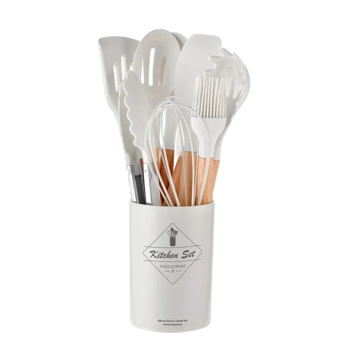 12Pcs/Set Silicone Kitchen Utensils With Storage Wooden Handle Bucket High Temperature Resistant And Non Stick Pot Spatula Spoon