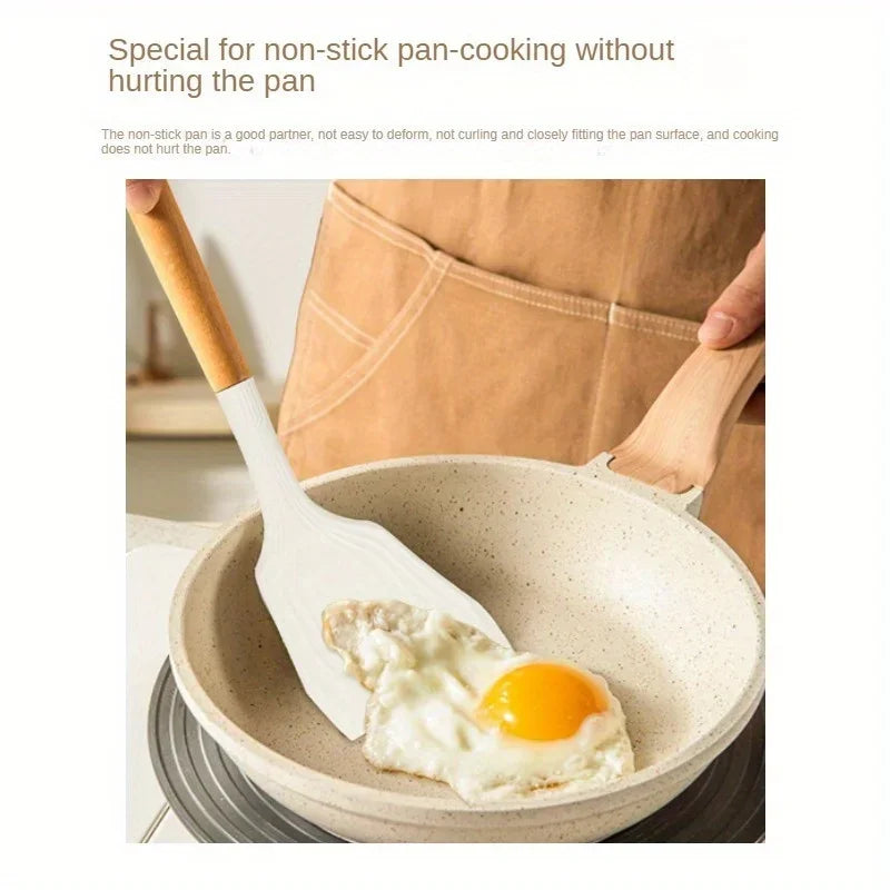 1Set of Silicone Kitchen Utensils with Wooden Handles,equipped with Storage Buckets for Easy Storage and A Cleaner Kitchen