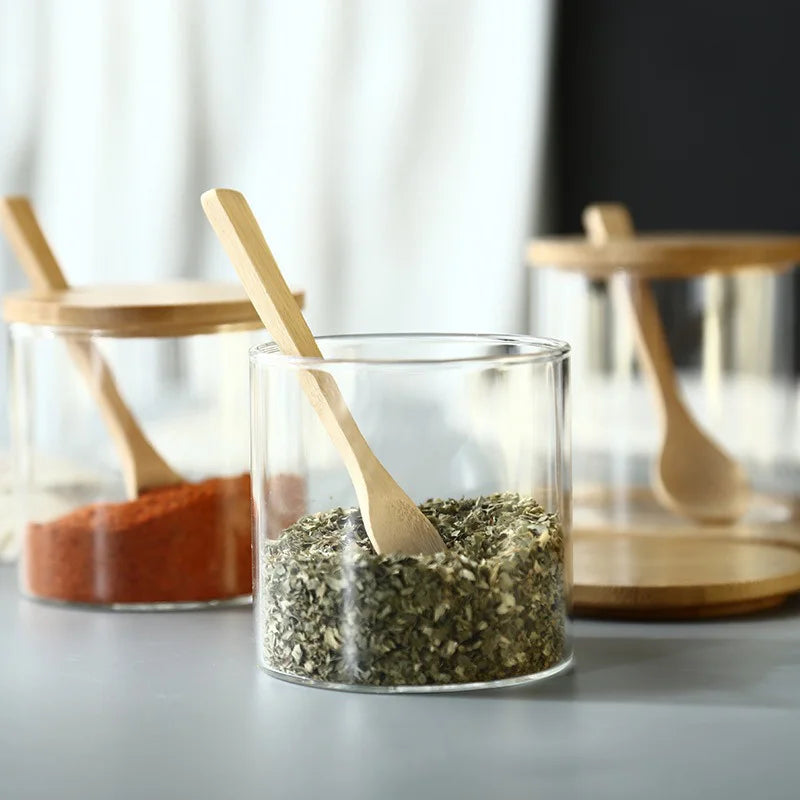 Kitchen Glass Condiment Jars Set Clear Spice Salt Container with Tray Coffee Beans Organizer Bottle Dust-Proof Seasoning Bottle