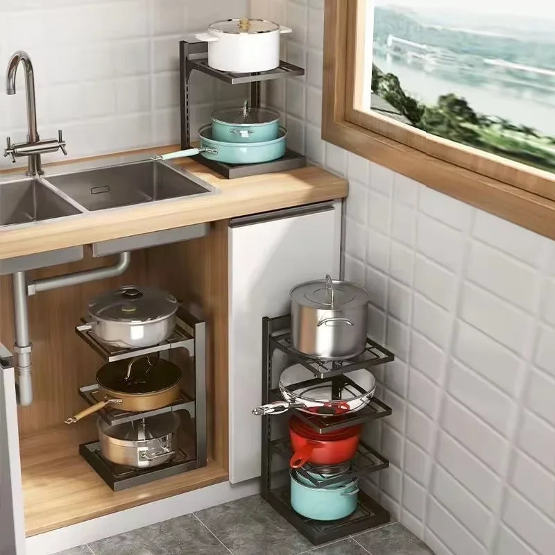 1PCS Kitchen Sink Shelf Multi-layer Pot Rack Under Cabinet Storage Organizer Rack Multi-functional Frying Pan Rice Cooker Holder