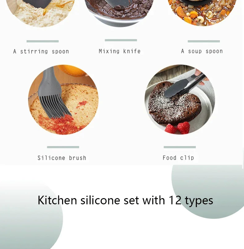 12PCS/Set Premium Quality Silicone Kitchen Utensils Set with Wood Handle and Storage Bucket Kitchen Tools Cooking Accessories