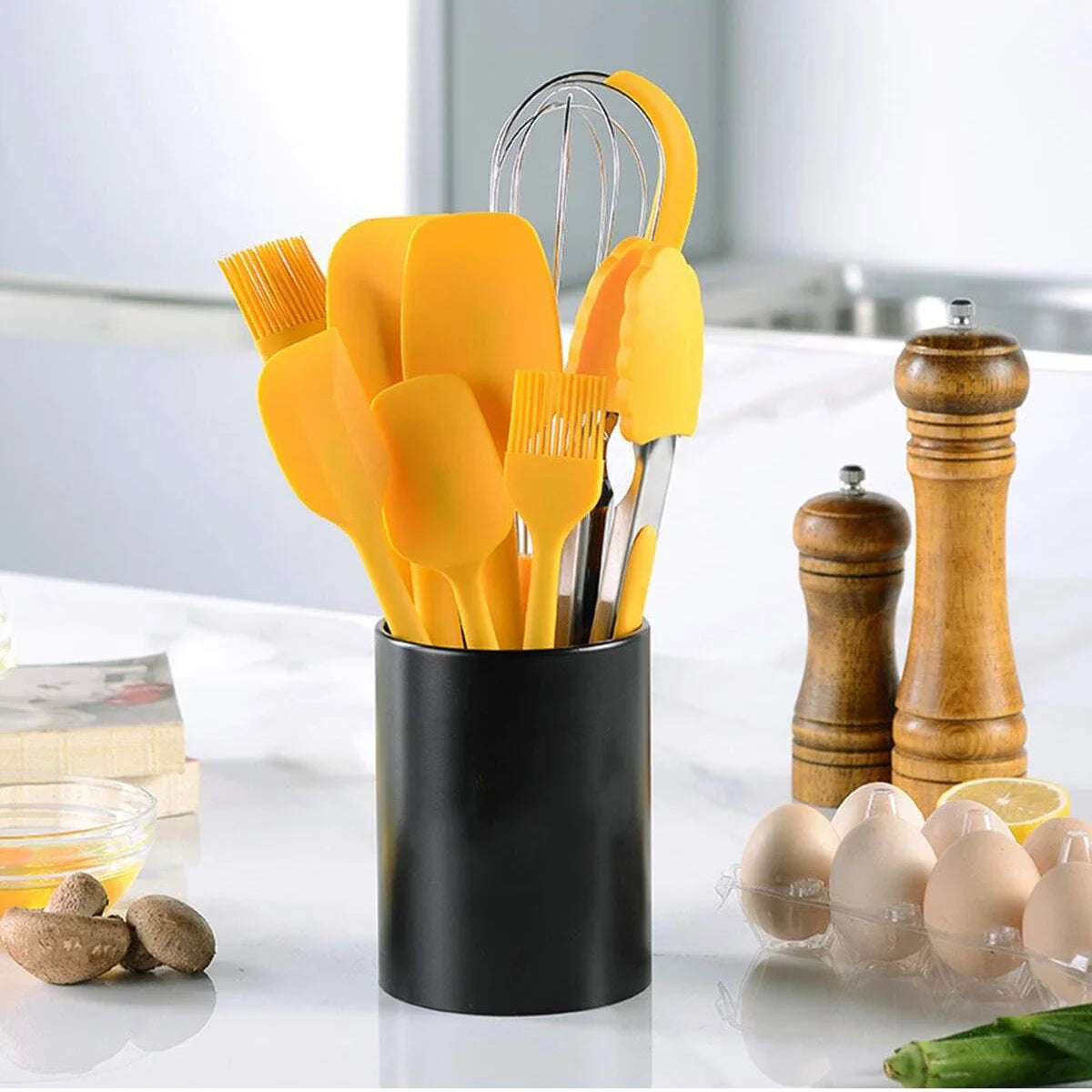 9pcs Silicone baking tool set, scraper oil brush egg whisker food pliers, with storage bucket, kitchen small tools