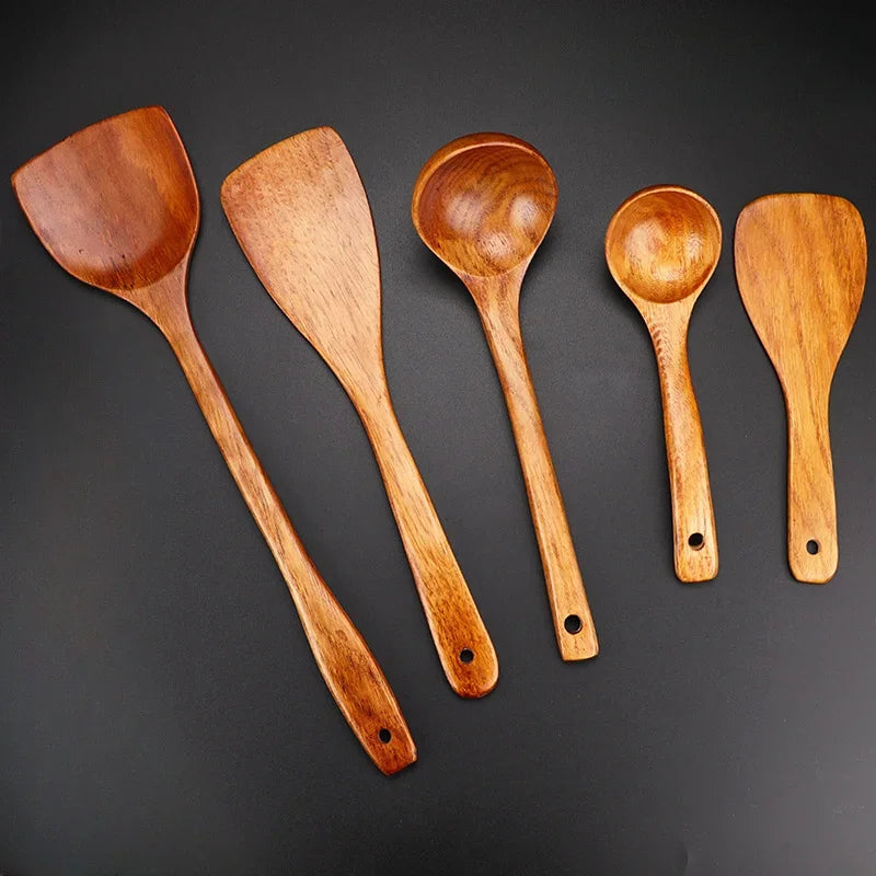 5-Piece Wooden Cooking Utensils Set – Non-Stick Kitchen Tools with Spoons & Spatulas, Heat-Resistant Cookware for Daily Use