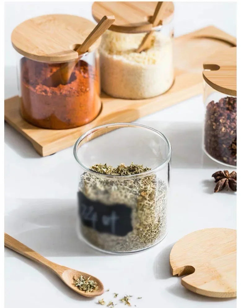 Kitchen Glass Condiment Jars Set Clear Spice Salt Container with Tray Coffee Beans Organizer Bottle Dust-Proof Seasoning Bottle