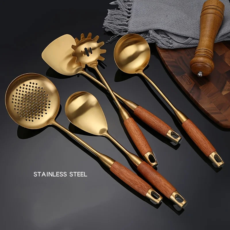 6-Piece Golden 304 Stainless Steel Kitchen Utensil Set with Padauk Wood Handle Soup Spoon and Slotted Spoon for Home Use