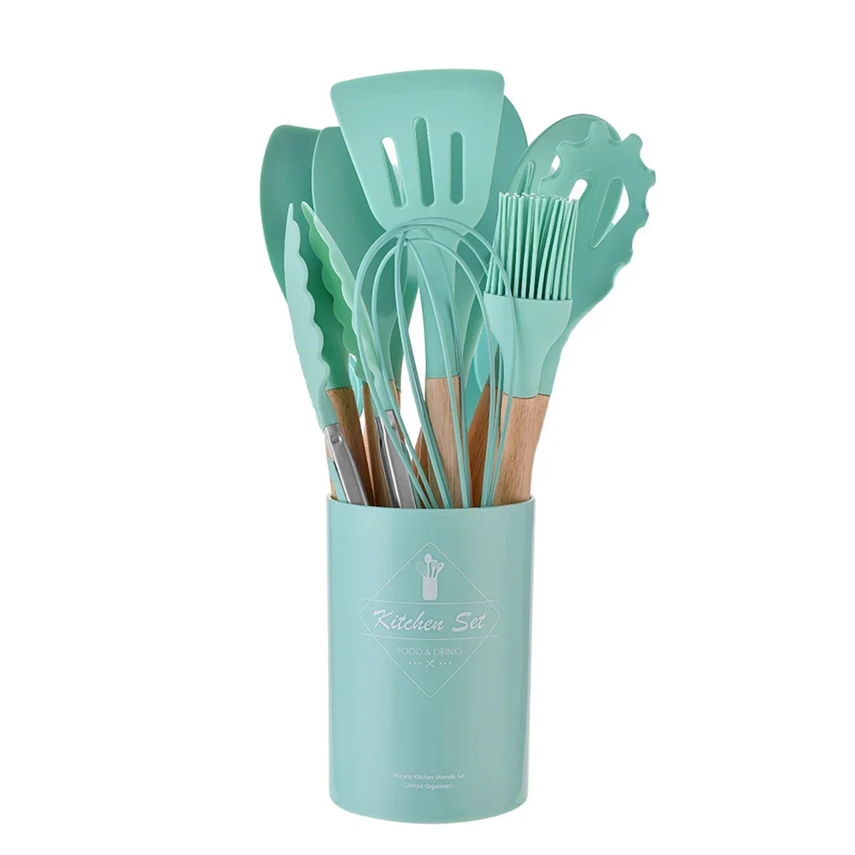 12Pcs/Set Silicone Kitchen Utensils With Storage Wooden Handle Bucket High Temperature Resistant And Non Stick Pot Spatula Spoon
