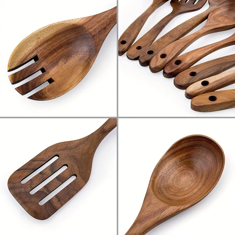 Durable Acacia Wooden 8pcs Kitchen Utensil Set - Non-Stick Cookware Tools, Multi-Purpose Cooking Spoons And Spatulas Kit