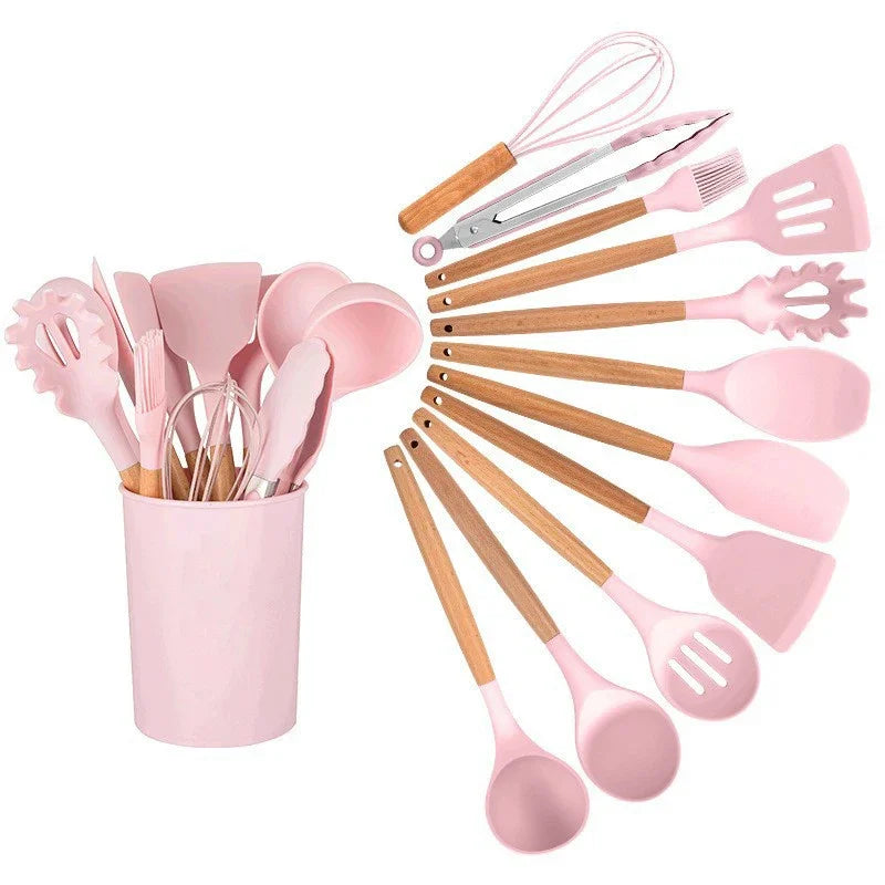 12PCS Silicone Kitchenware Non-Stick Cookware Kitchen Utensils Set Spatula Shovel Egg Beaters Wooden Handle Cooking Tool Set Hot