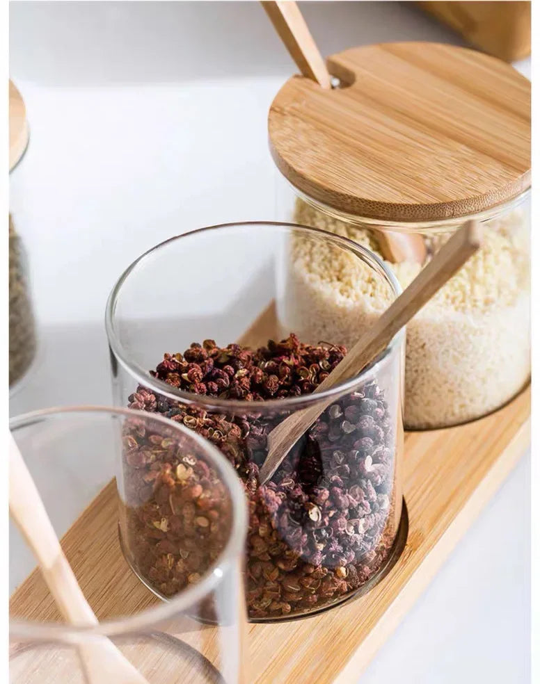 Kitchen Glass Condiment Jars Set Clear Spice Salt Container with Tray Coffee Beans Organizer Bottle Dust-Proof Seasoning Bottle