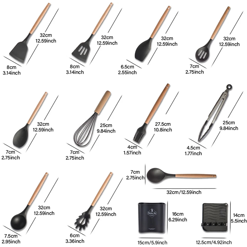 13Pcs Ilicone Kitchen Utensils Spatula Shovel Soup Spoon Cooking Tool with Storage Bucket Non-Stick Wood Handle Kitchen Gadgets