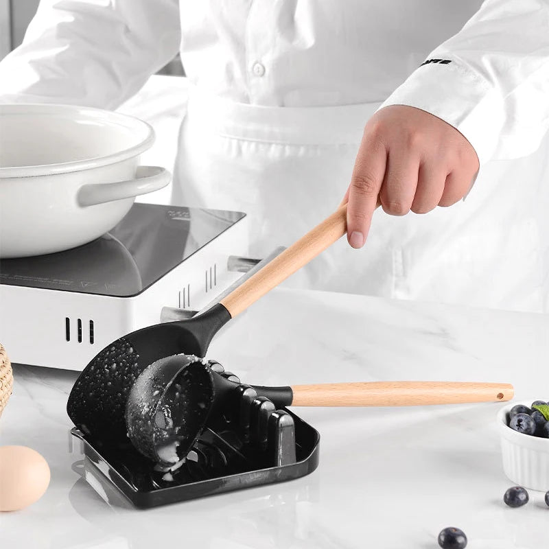 13Pcs Ilicone Kitchen Utensils Spatula Shovel Soup Spoon Cooking Tool with Storage Bucket Non-Stick Wood Handle Kitchen Gadgets
