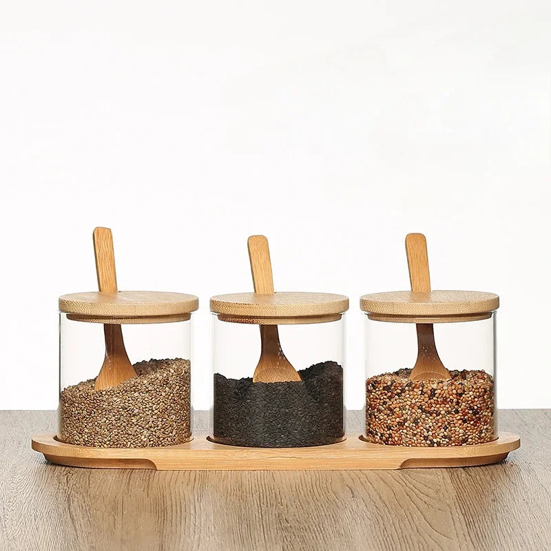 Kitchen Glass Condiment Jars Set Clear Spice Salt Container with Tray Coffee Beans Organizer Bottle Dust-Proof Seasoning Bottle