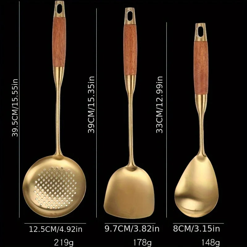 6-Piece Golden 304 Stainless Steel Kitchen Utensil Set with Padauk Wood Handle Soup Spoon and Slotted Spoon for Home Use