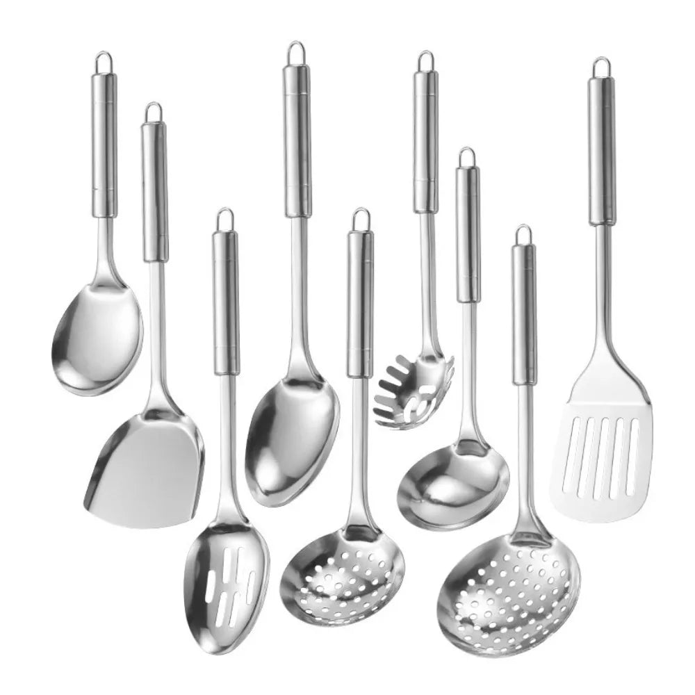9Pcs Household Stainless Steel Kitchen Cooking Utensils Set Long Handle Durable Cooking Spatula Set Rust-proof Shovel Set Pasta