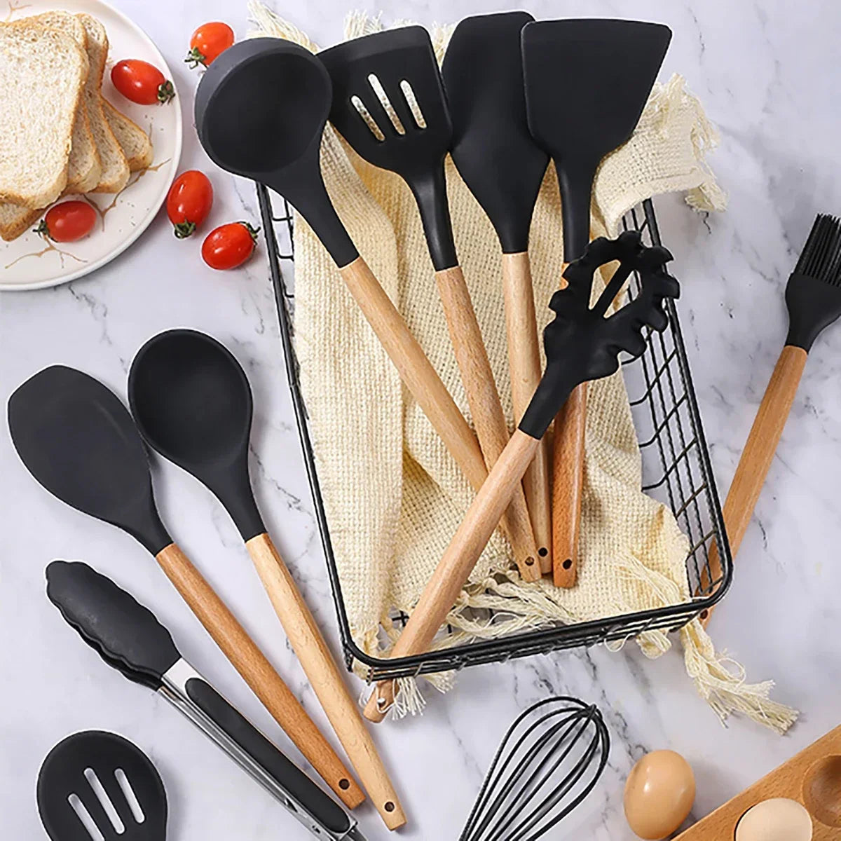 12Pcs/Set Silicone Kitchen Utensils With Storage Wooden Handle Bucket High Temperature Resistant And Non Stick Pot Spatula Spoon