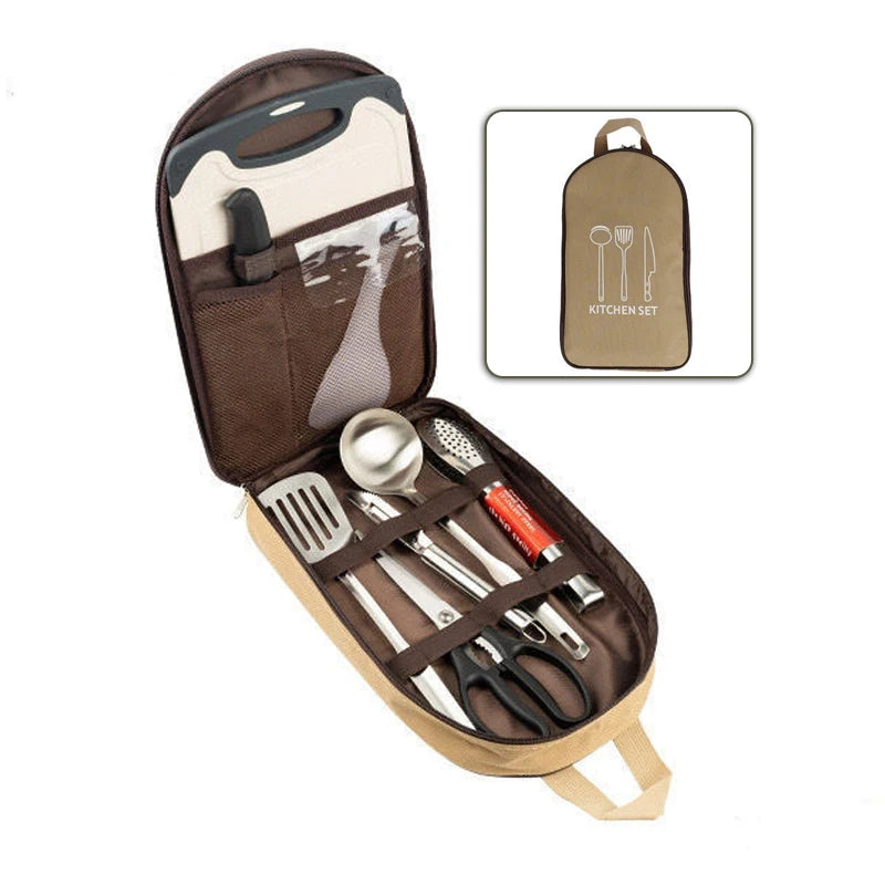 8pcs Camp Kitchen Cooking Utensil Set With Large Capacity Storage Bag Food Grade Waterproof Easy To Clean For Camping Hiking