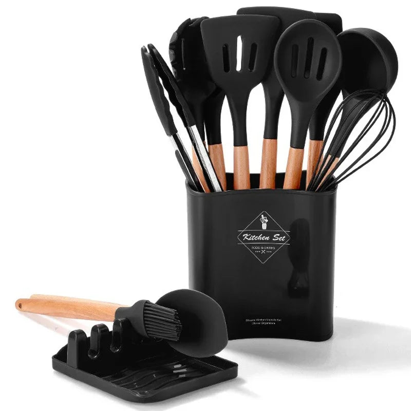 13Pcs Ilicone Kitchen Utensils Spatula Shovel Soup Spoon Cooking Tool with Storage Bucket Non-Stick Wood Handle Kitchen Gadgets