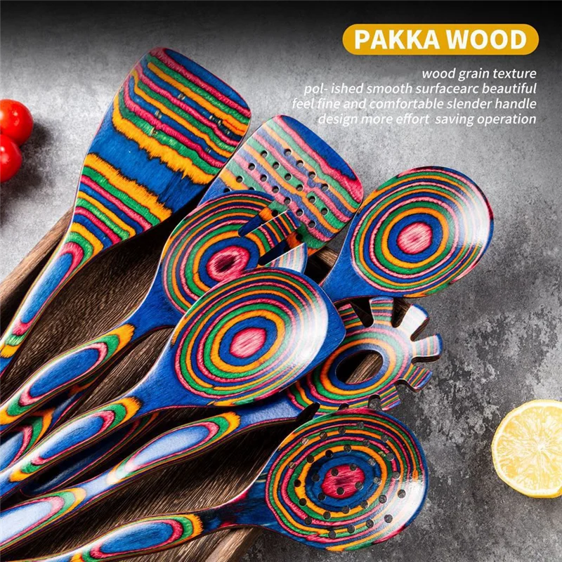 ABKJ-Seven-Piece Wooden Kitchenware Soup Spoon Set Wooden Cooking Supplies Non-Stick Large Colorful Spatula Kitchen Tools
