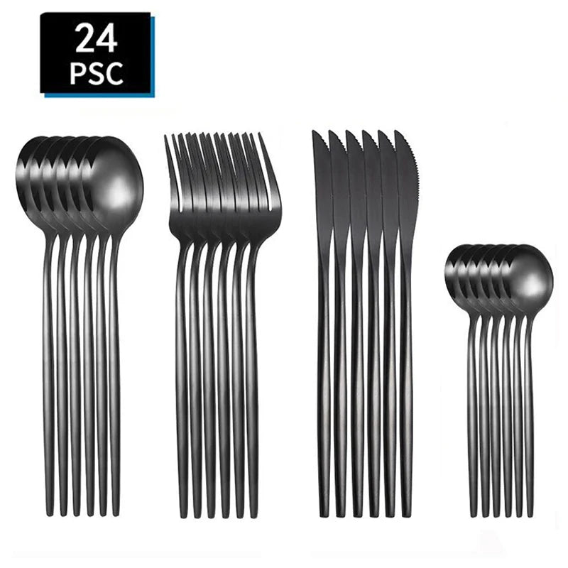 24pcs stainless steel tableware set, including knife, fork, spoon and tea spoon, suitable for outdoor travel.