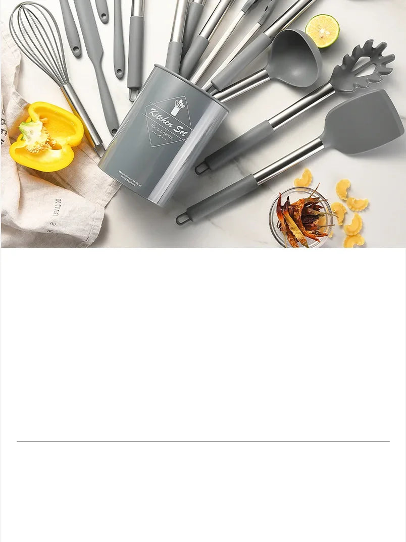 15Pcs Silicone Kitchen Utensils Non-Stick Spatula Shovel Cooking Tool Stainless Sttel Handle Kitchenware Set with Storage Bucket