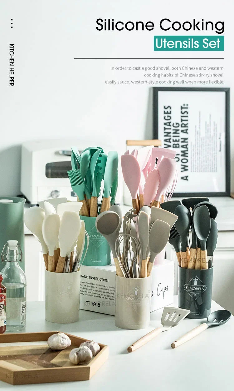 13PCS Silicone Kitchenware Non-Stick Pan Cooking Utensils Set Kitchen Measuring Spoons Utensils Baking Tools With Storage Box