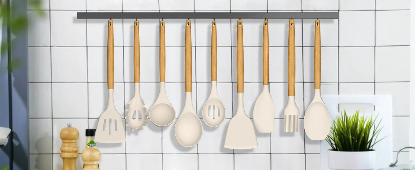 Chef's kitchen cookware set, 33 non-stick silicone kitchenware spatula set with stand, wooden handle silicone kitchenware set