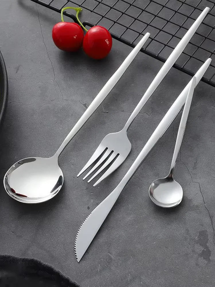 24pcs stainless steel tableware set, including knife, fork, spoon and tea spoon, suitable for outdoor travel.