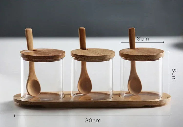 Kitchen Glass Condiment Jar Set Wood Lid with Tray Spoon Clear Seasoning Spice Salt Jar Dust-Proof Coffee Beans Organizer Bottle