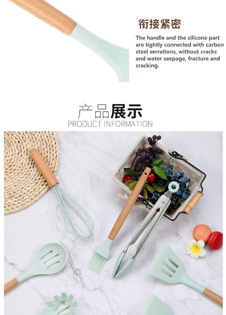 12PCS Silicone Kitchenware Non-Stick Cookware Kitchen Utensils Set Spatula Shovel Egg Beaters Wooden Handle Cooking Tool Set Hot