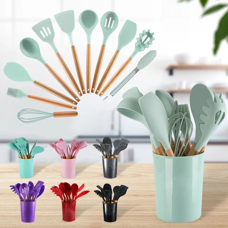 12PCS Silicone Kitchenware Non-Stick Cookware Kitchen Utensils Set Spatula Shovel Egg Beaters Wooden Handle Cooking Tool Set Hot