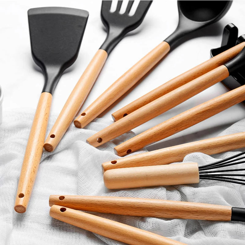 13Pcs Ilicone Kitchen Utensils Spatula Shovel Soup Spoon Cooking Tool with Storage Bucket Non-Stick Wood Handle Kitchen Gadgets