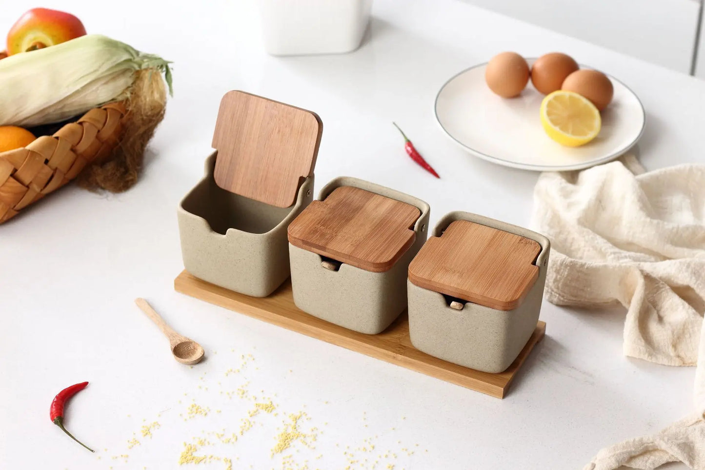 Ceramic Seasoning Jars with Wooden Lid Salt Shakers Kitchen Supplies White Spice Organizer Canister Spoon Set White Sugar Box