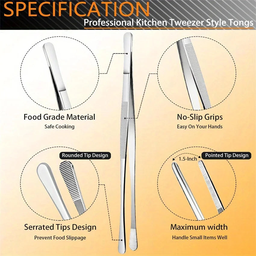 6 PCs/Pack Stainless Steel Kitchen Tweezers Set, Professional Chef Tweezers, Cooking Tweezers, Used for Cooking, 12 in, 6.3 in