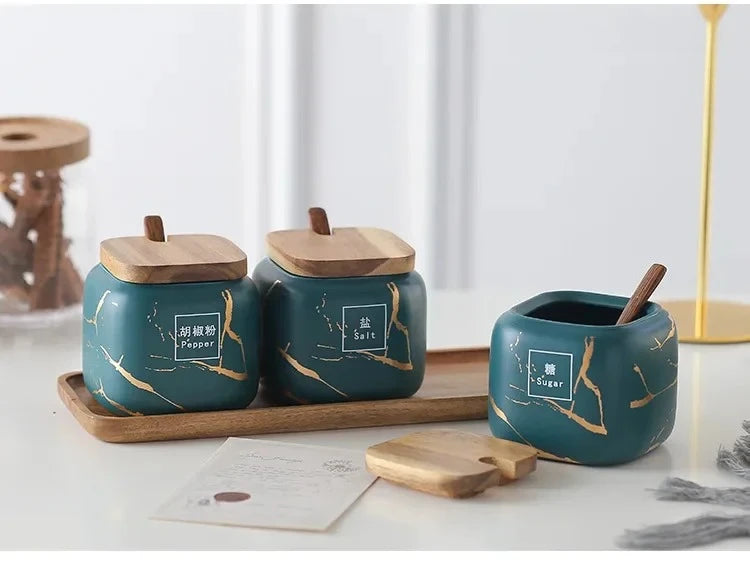 Japanese kitchen matte seasoning jar set, marble ceramic household combination seasoning box, salt and sugar, seasoning bottle.