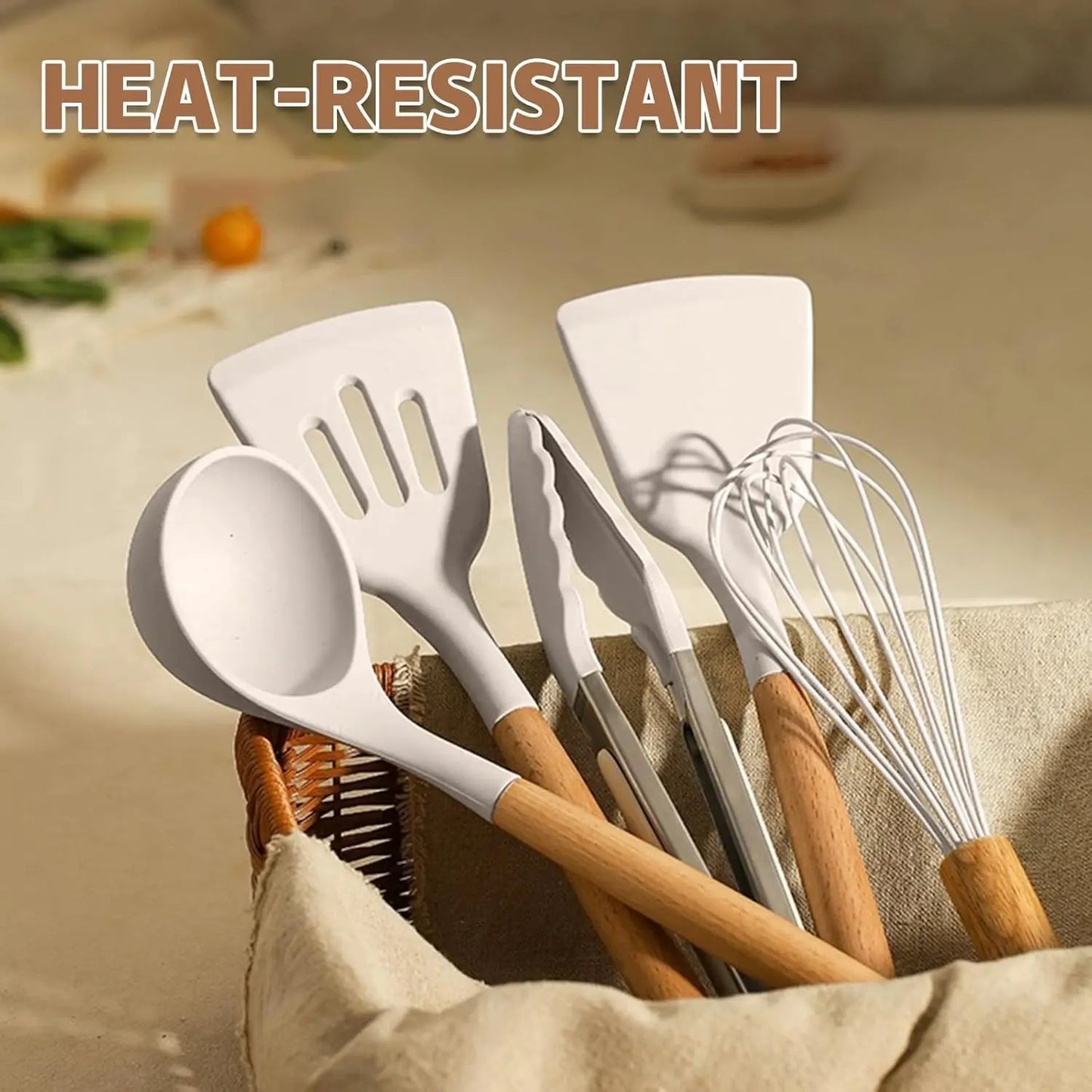 Chef's kitchen cookware set, 33 non-stick silicone kitchenware spatula set with stand, wooden handle silicone kitchenware set