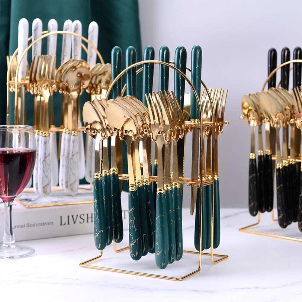 Fashion 24pcs Cutlery Set Stainless Steel Metal Gift Tableware Forks Spoons Kits Dinnerware Home School Kitchen