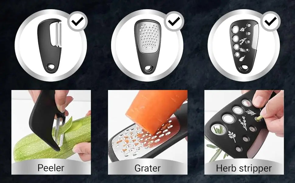 6Pcs Kitchen Gadgets Set Space Saving Cooking Tools Cheese Chocolate Grater, Fruit Vegetable Peeler, Bottle Opener, Pizza Cutter