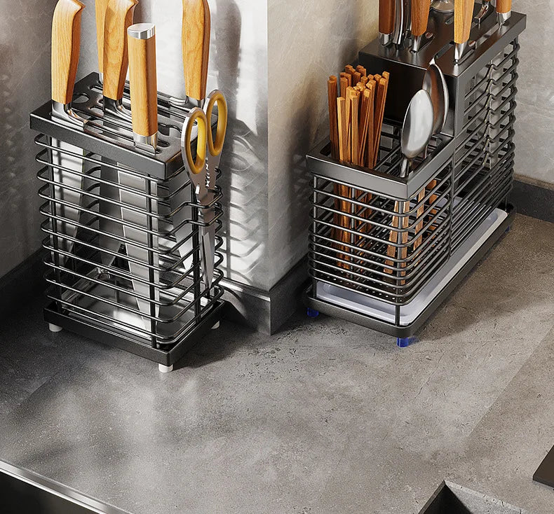 Kitchen Knife Holders Storage Rack Household Stainless Stee Countertop Knife Spoon Chopstick Holder With Drain Tray