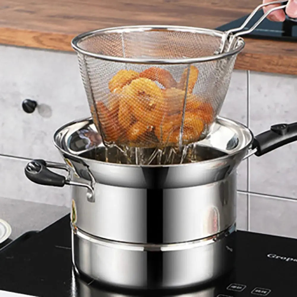 Kitchen Cookware Stainless Steel Deep Fryer Pot with Frying Basket and Steamer Japanese Pasta Pot Visible Lid Stockpot Noodle