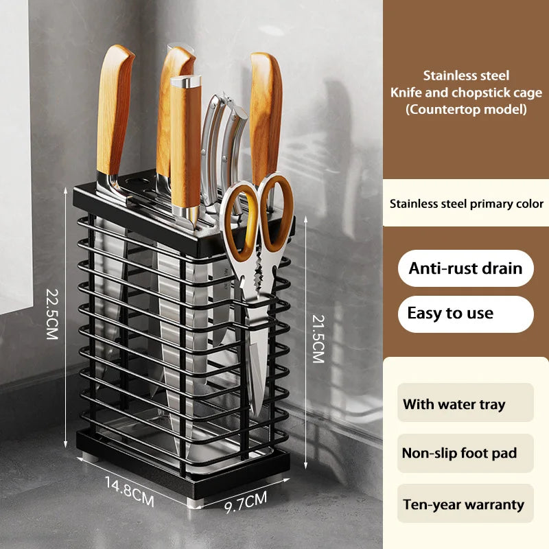 Kitchen Knife Holders Storage Rack Household Stainless Stee Countertop Knife Spoon Chopstick Holder With Drain Tray