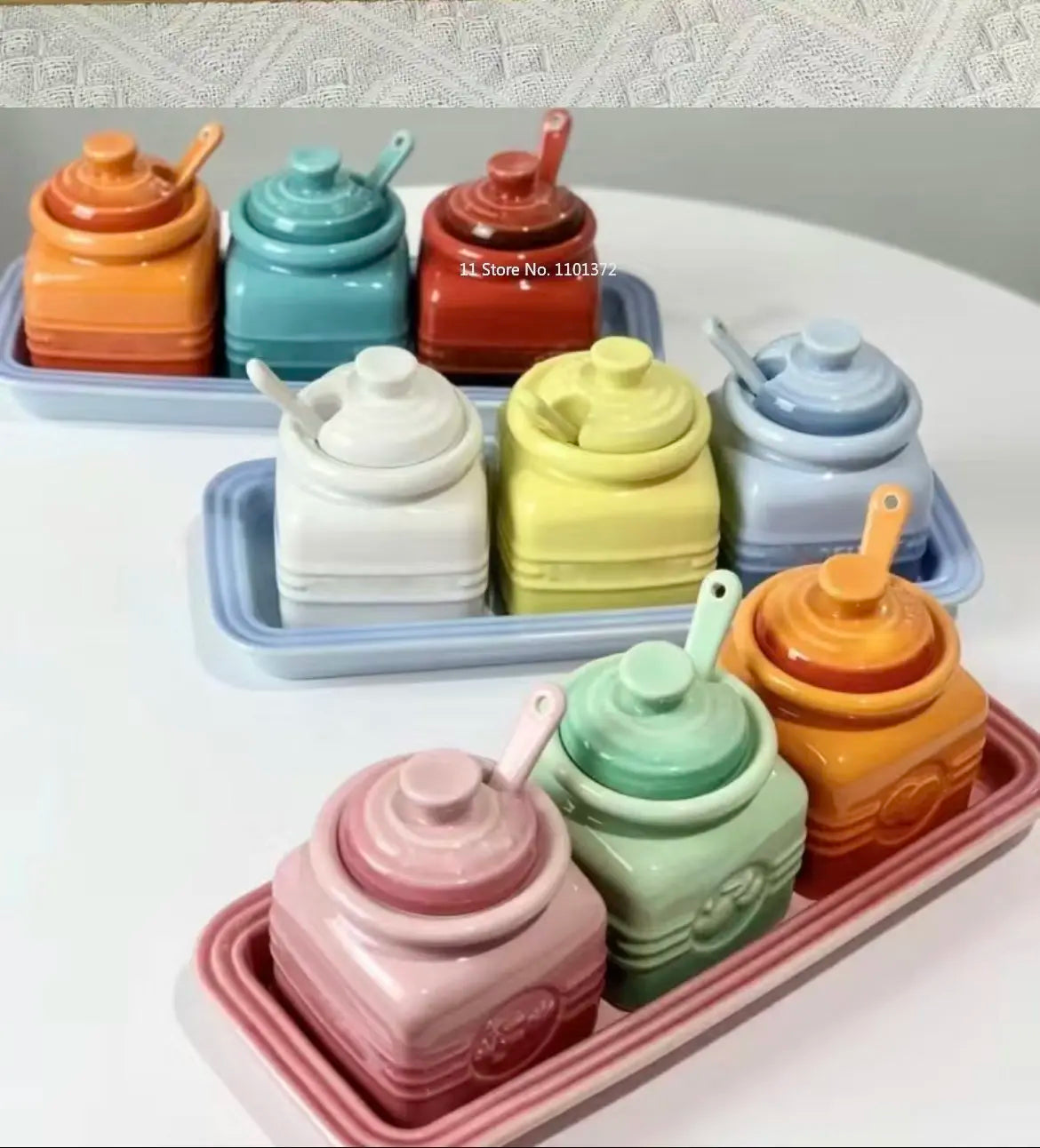 European Style Kitchen Spice Organizer Creative Ceramic Spice Jar with Spoon Gift Box Set Jam Storage Jar with Lid Spice Rack