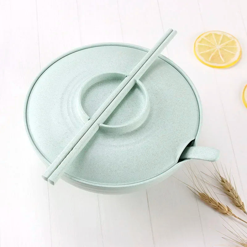 Household Tableware Set for instant food - 3pcs Wheat Straw Bowl, instant noodles bowl With Lid, Spoons and Chopsticks