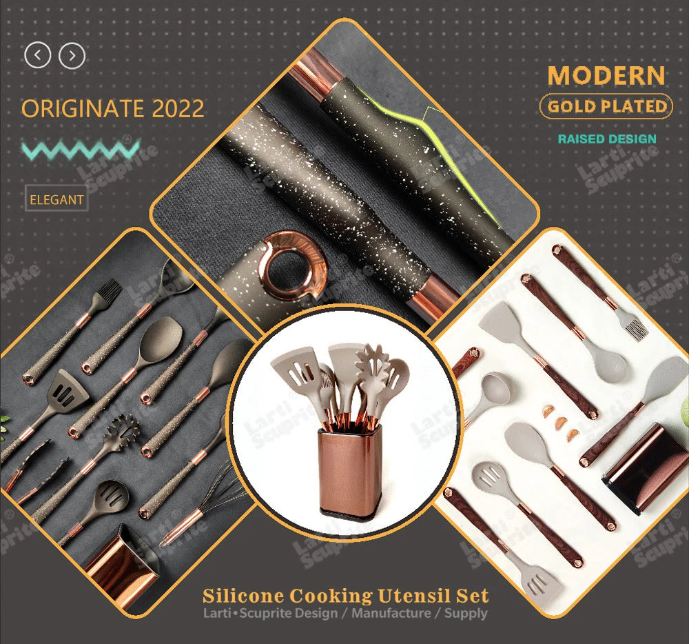 Good Quality Silicone Kitchen Utensils Set Rose Gold Plated Handle Cooking Tool Non-stick Heat Resistant Kitchenware Accessories