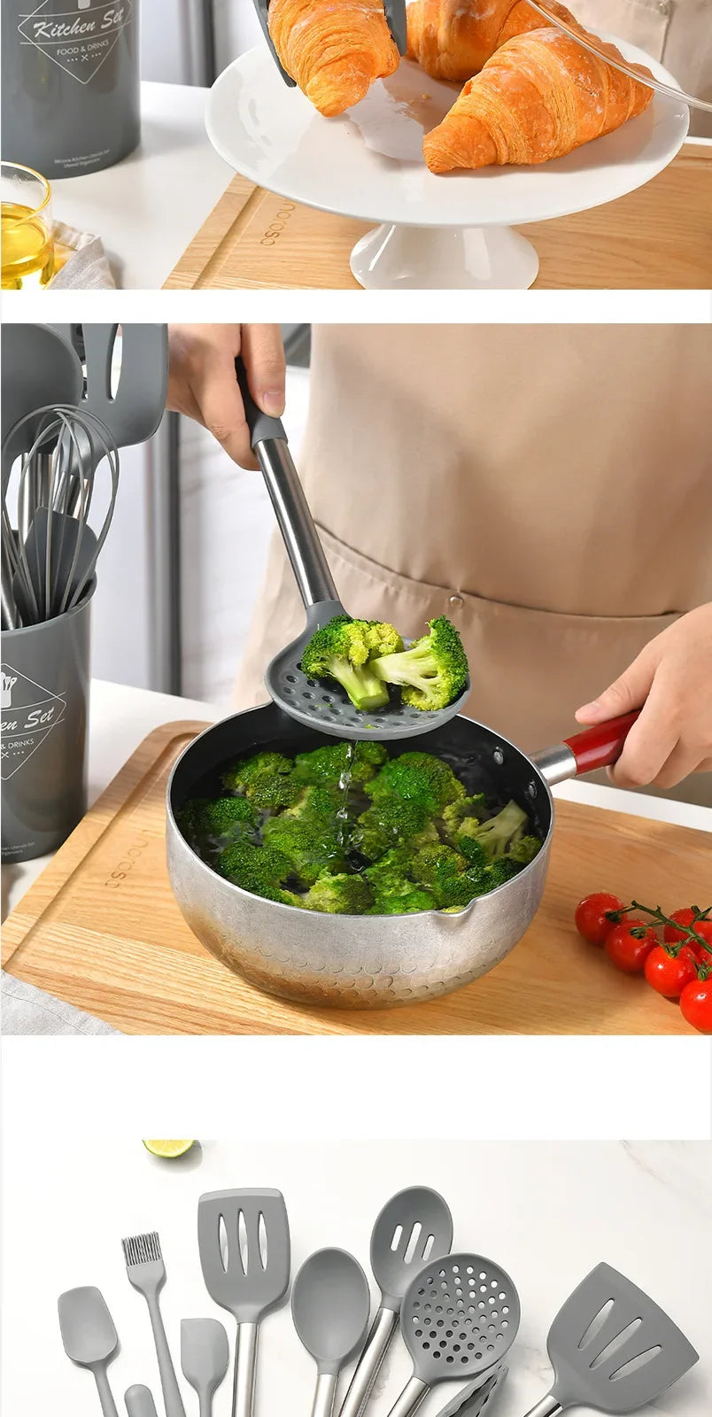 15Pcs Silicone Kitchen Utensils Non-Stick Spatula Shovel Cooking Tool Stainless Sttel Handle Kitchenware Set with Storage Bucket