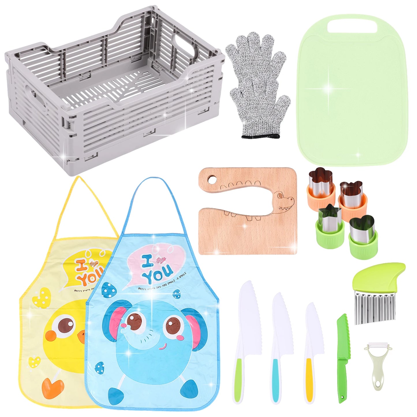 17Pcs Kids Kitchen Knife Set Safe Kids Cooking Set with Foldable Storage Box Multipurpose Toddler Knife Kit for Gathering Party