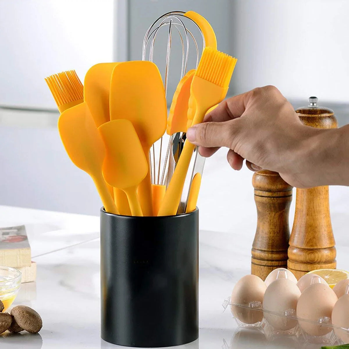 9pcs Silicone baking tool set, scraper oil brush egg whisker food pliers, with storage bucket, kitchen small tools
