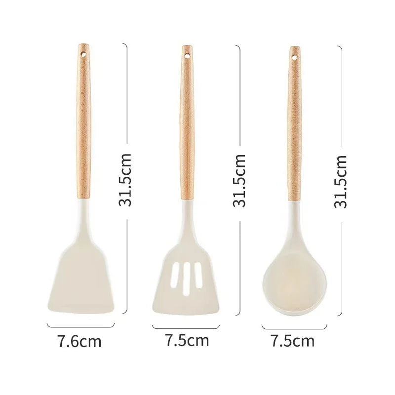3PCS Set of Kitchen Utensils Wooden Handle Silicone Cooking Utensils Non Stick Shovel Cooking Utensils Rice Scoop Baking Tools