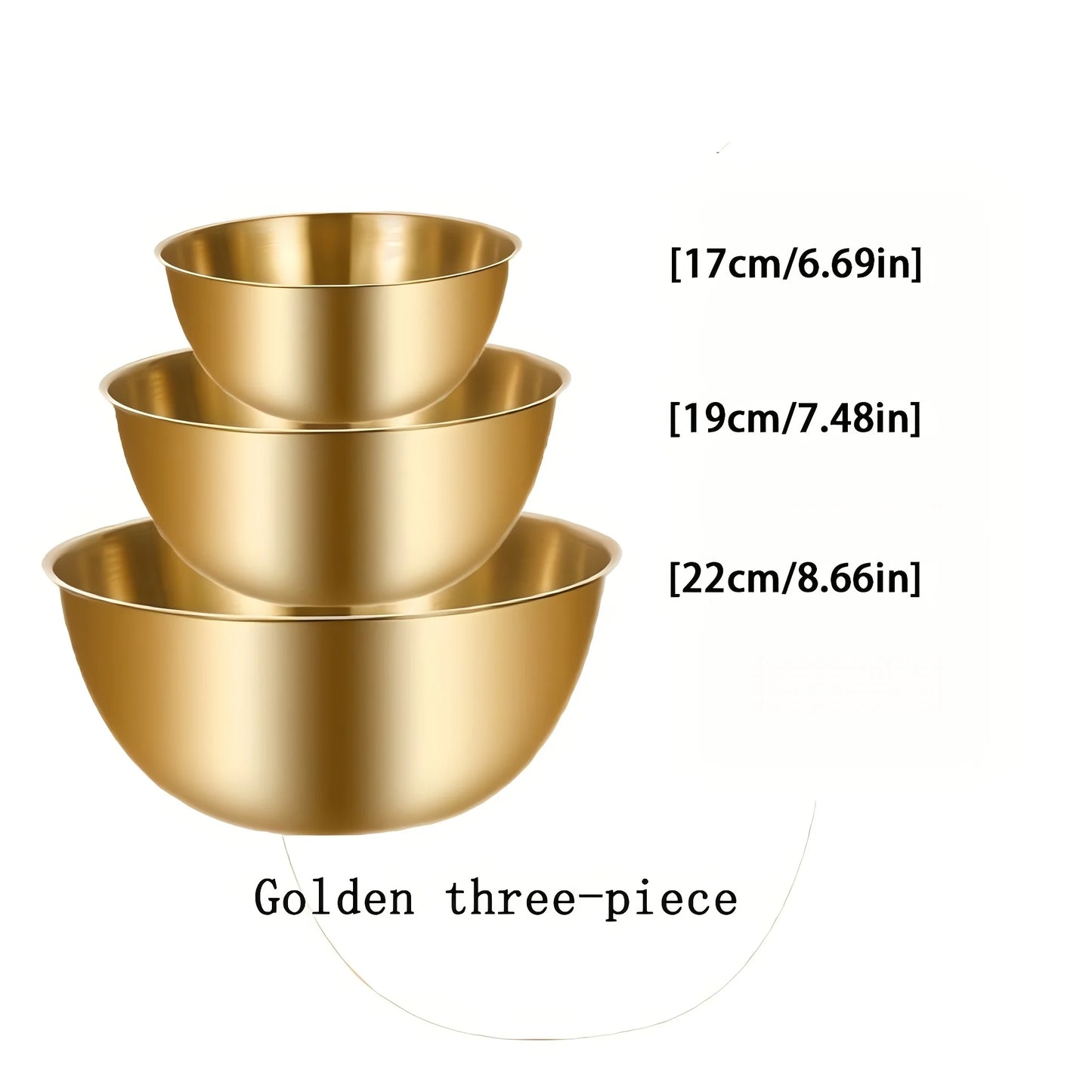A set of three stainless steel bowls for mixing, kneading dough, and serving salads, suitable for kitchen use.