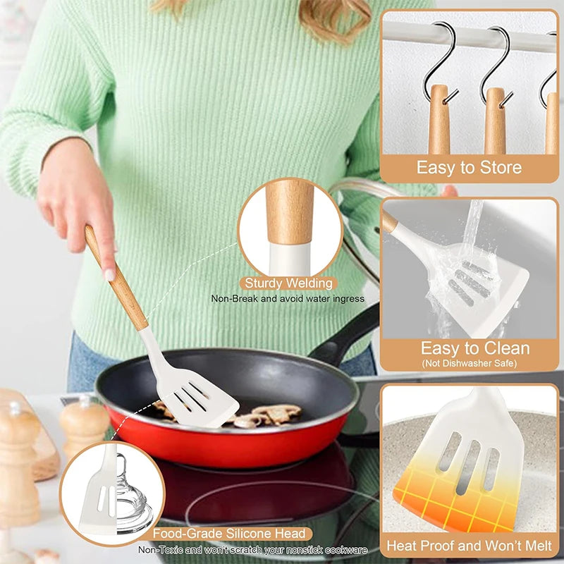 12 Pcs Silicone Kitchen Utensils Set Non Stick Silicone Cooking Utensil Set Heat Resistant Cookware with Wooden Handle JT558